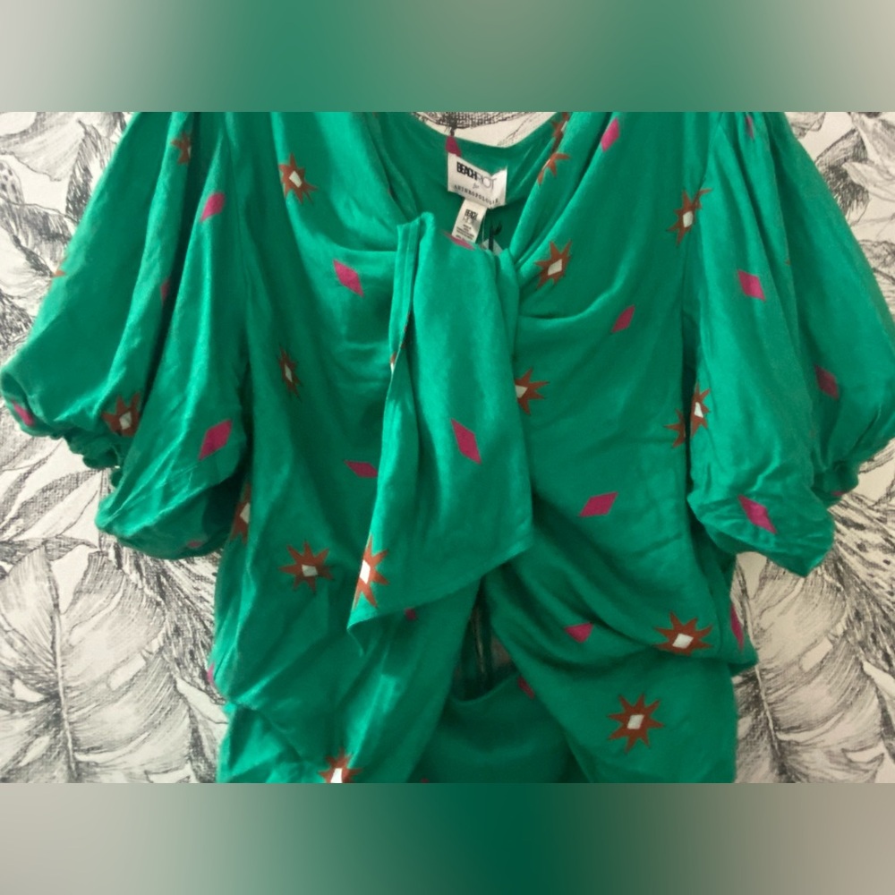 Anthropologie Green Midi Dress with Pink & White Motif - Picture 13 of 14